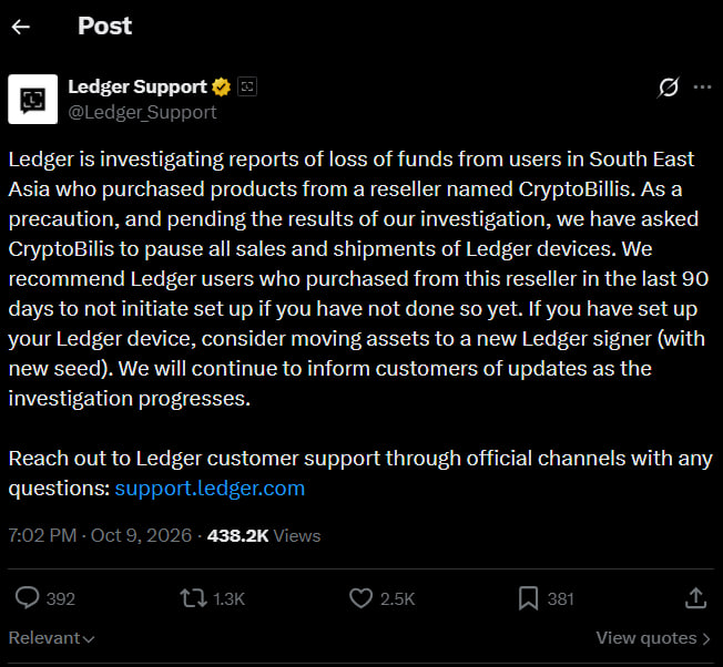 Cointelegraph's tweet photo. 🚨 ALERT: Ledger is investigating reports of fund losses tied to Southeast Asia reseller CryptoBilis.

Ledger warns users who bought devices from CryptoBilis in the past 90 days not to set them up. https://t.co/4iT28bWt6H