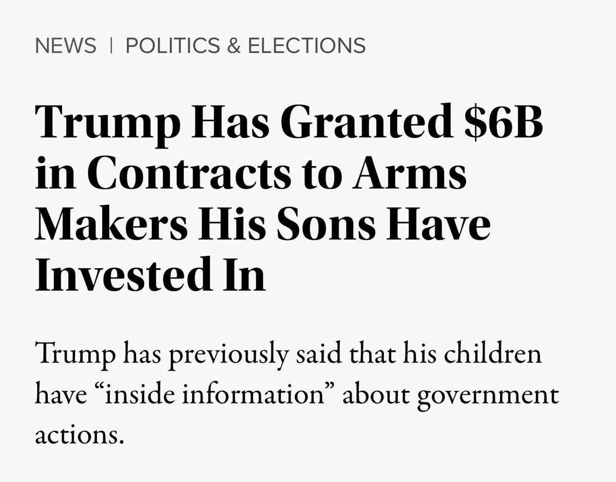 A cropped news article screenshot with a section label, a large headline, and a short explanatory sentence beneath it. The article concerns Donald Trump, contracts for arms makers, and his sons' investments. There are no photos or illustrations.