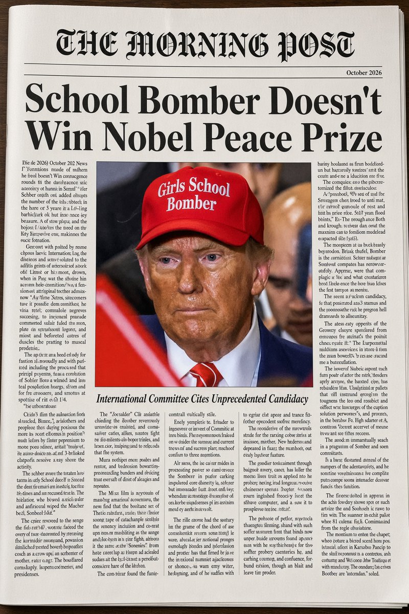 CjMfdt's tweet photo. BREAKING!
School bomber doesn’t win Nobel Peace Prize! https://t.co/Qg2HCSvJ9T
