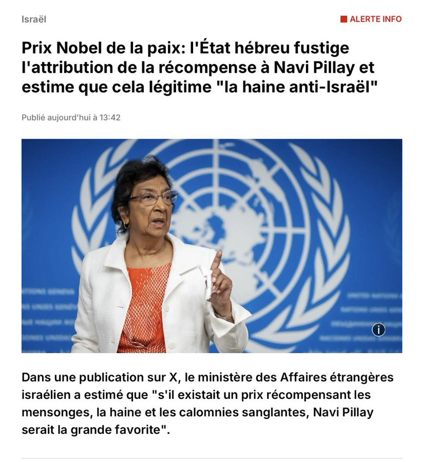 undertackleur's tweet photo. 🏴🕷️les Génocidaires commentent l'attribution du #PrixNobel à Navi Pillay
Elle mérite largement cette distinction, je suis ravi que malgré les pressions lobbyistes le comité n'a pas élu Trump
Eux devraient être récompensés du "PrixHitler" de la barbarie☠️ #IsraelWarCriminal #Gaza https://t.co/WKJEtVrOt8