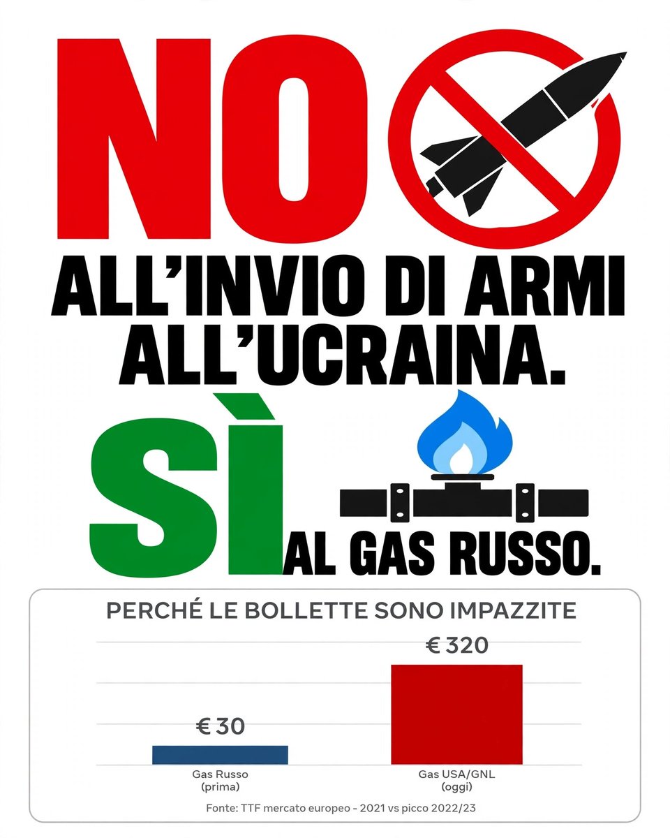 itsmeback_'s tweet photo. La Russia non è mai stata mia nemica, i russi sono miei amici.
Lo dico senza paura e senza ipocrisia.🇮🇹🫶🏻🇷🇺

Con la Russia avevamo gas a 30, fabbriche aperte e bollette che si potevano pagare. Senza la Russia abbiamo gas a 300 comprato dagli americani, fabbriche che chiudono e famiglie al freddo. Chiamatela come volete, io la chiamo interesse nazionale.

La Russia non ci ha mai detto cosa dobbiamo pensare, cosa mangiare, che macchina guidare e che caldaia buttare via. Quello lo fa Bruxelles, con i soldi nostri. La Russia ci dava energia, l'UE ci dà regole e una guerra che non è nostra.

Io non ho la memoria corta.
La Russia ci ha liberato dal nazismo, ci ha scaldato per 40 anni e non ci ha mai imposto una base militare in casa nostra. Altri invece ci impongono sanzioni che rovinano solo noi e armi da mandare in Ucraina facendo finta che sia pace.

Per questo per me vale una cosa semplice, quella della foto: NO all'invio di armi all'Ucraina, SÌ al gas russo. Meno ideologia, più buon senso. Meno affari per gli altri, più Italia.