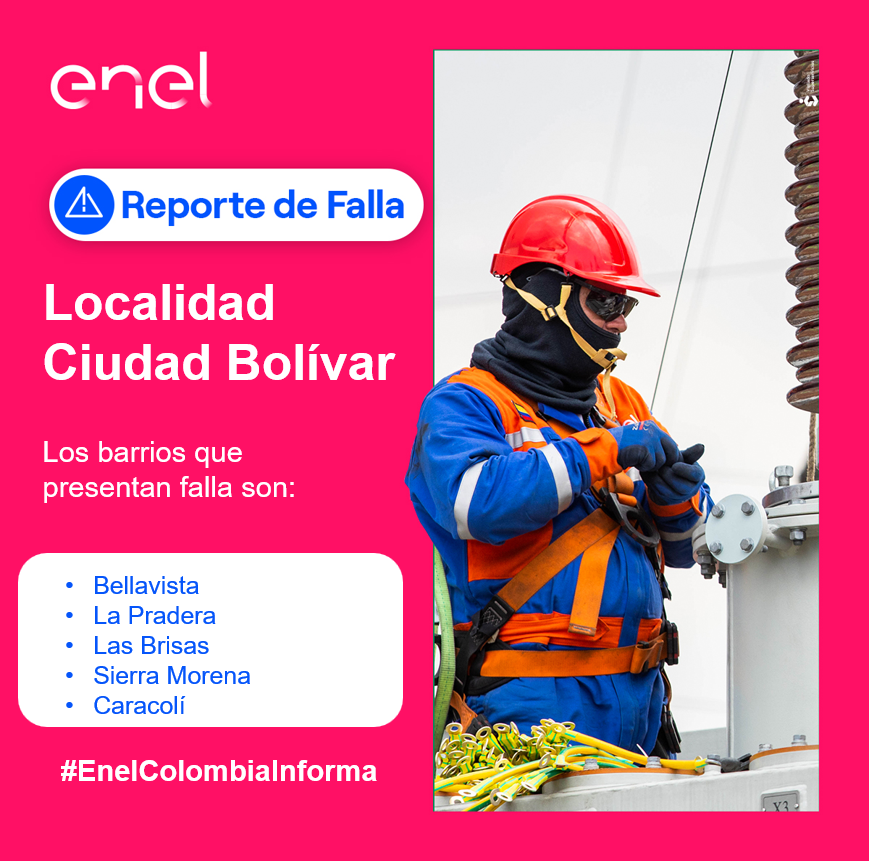 EnelClientesCO's tweet photo. #LocalidadCiudadBolívar nuestro equipo se dirige a la zona para identificar la falla reportada, seguimos trabajando para ti 👨🔧⚡
Los barrios afectados son:
#Bellavista, #LaPradera, #LasBrisas, #SierraMorena y #Caracolí
Te invitamos a estar pendiente de nuestros canales para mayor información.
