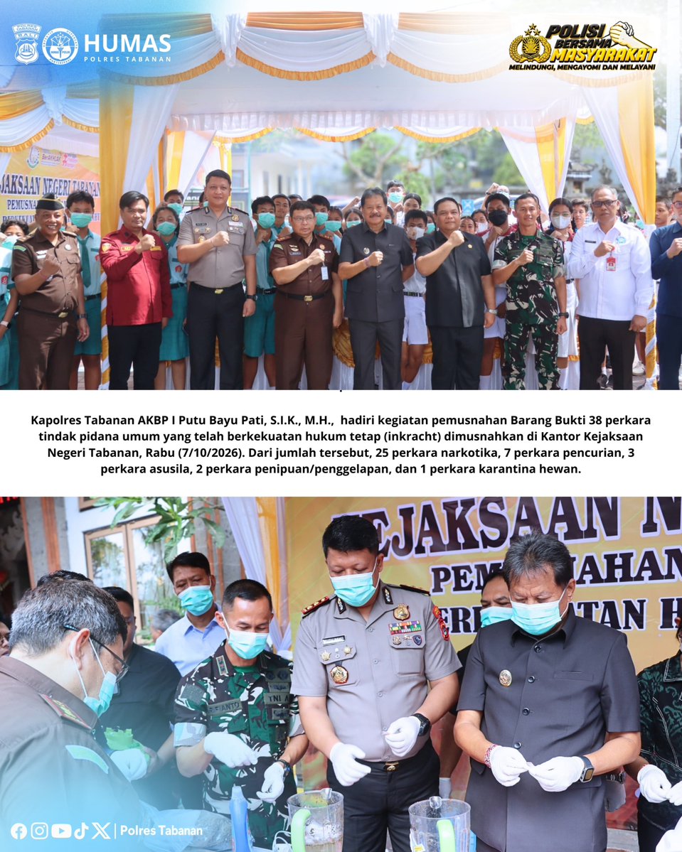 HumasBaturiti's tweet photo. Kapolres Tabanan menghadiri Kegiatan Pemusnahan Barang Bukti Perkara Tindak Pidana Umum yang telah berkekuatan hukum tetap (inkracht) pada Semester II Tahun 2026, bertempat di Kejaksaan Negeri Tabanan.

Pemusnahan barang bukti ini merupakan bagian dari tahapan pelaksanaan putusan https://t.co/Loueto3luc