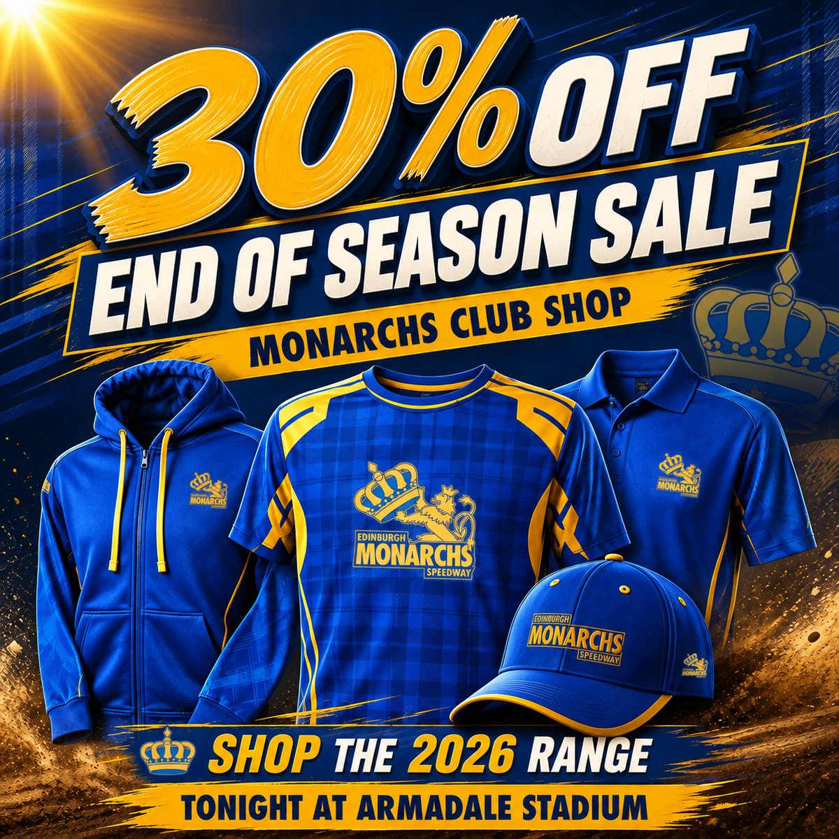 EdinMonarchs's tweet photo. 👑 The End of Season Sale continues tonight exclusively at the Club Shop at Armadale Stadium - get 30% off Monarchs Merchandise!

🔵 Clothing
🟡 Caps, hats, and scarves
🔵 Programme boards and pens
🟡 Badges, magnets, and keyrings
🔵 Mugs and water bottles
🟡 ...and much more! https://t.co/fdqyo9NT9S