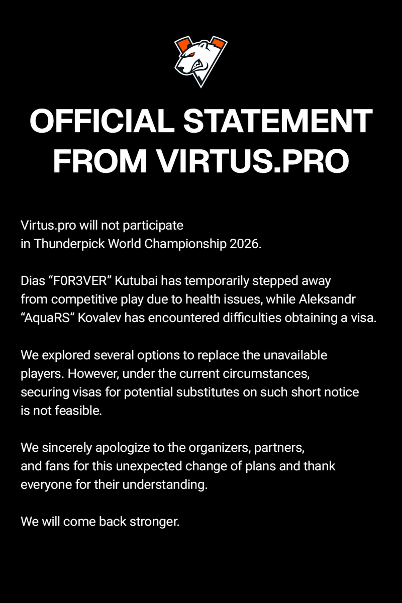 virtuspro's tweet photo. Official statement from Virtus.рro regarding Thunderpick World Championship 2026. https://t.co/yDY1sQLHmB