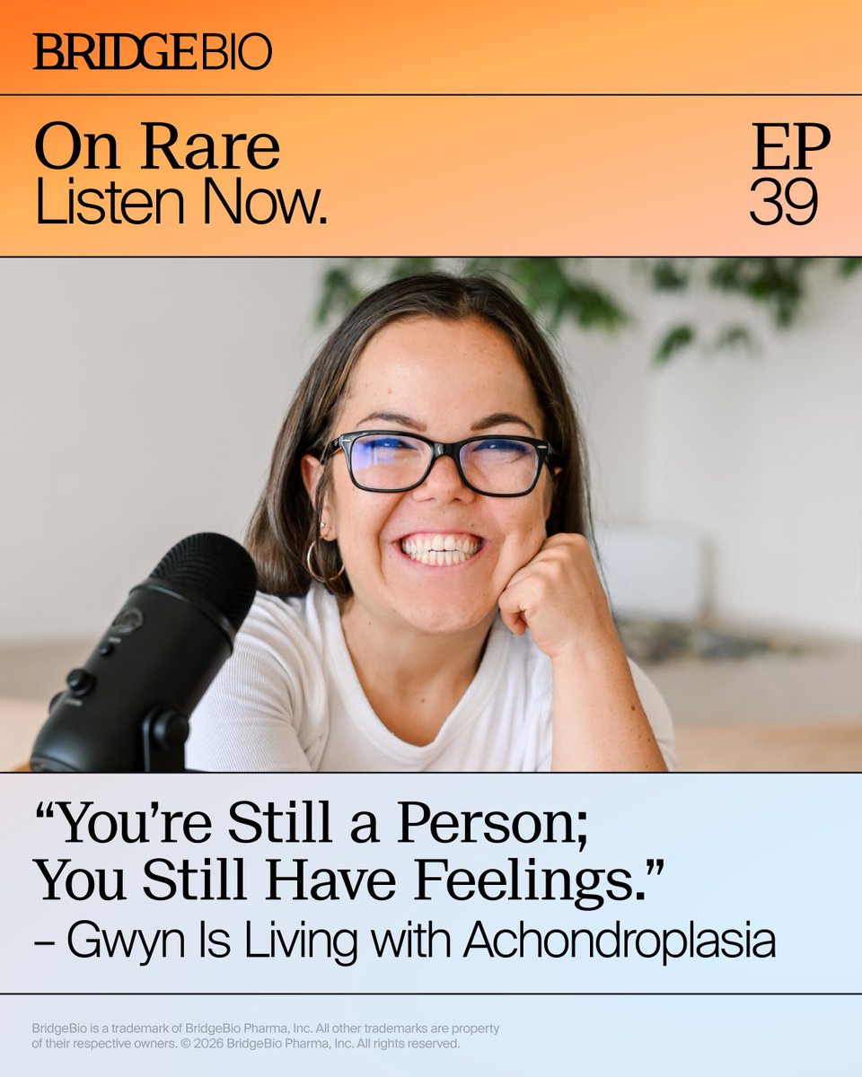 BridgeBioPharma's tweet photo. This #DwarfismAwarenessMonth, hear from Gwyn, host of A Little View, about growing up with #achondroplasia, body image, and finding strength in community on the #OnRarePodcast. "You're still a person; you still have feelings." 🎧 https://t.co/xMbveVOTUd https://t.co/aoGz0Nxgzk