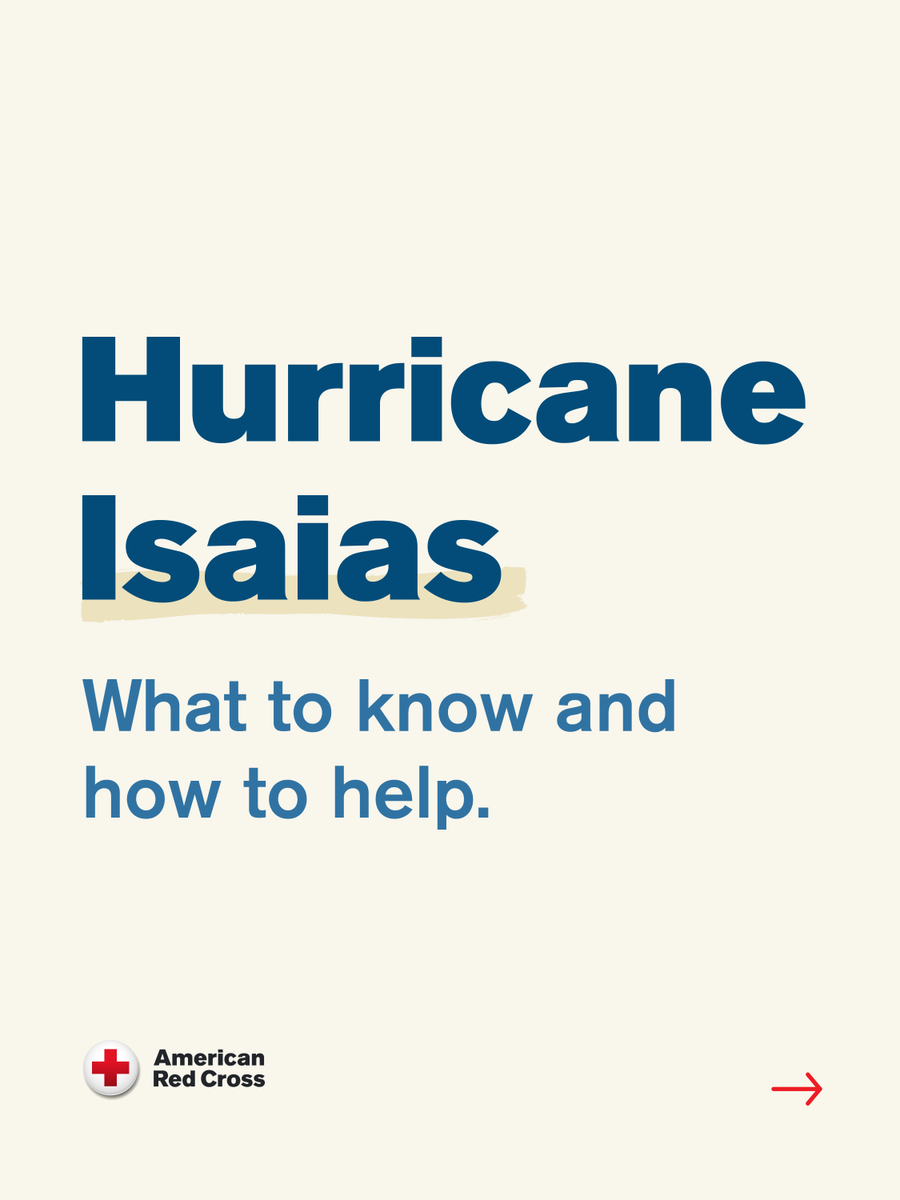 RedCross's tweet photo. As Hurricane Isaias approaches the Gulf Coast, hundreds of Red Cross disaster volunteers are dedicated to helping people and communities impacted by dangerous weather in the days ahead.

Our teams are closely monitoring the storm, pre-positioning emergency relief supplies, coordinating with local partners, and standing ready to provide shelter, meals and comfort if needed.

If you live in the storm's potential path, now is the time to review your emergency plan, monitor local weather updates, and make sure you have essential supplies on hand.

Take a look at what to know, how to stay safe, and ways to support those who may be impacted by the storm. #Isaias