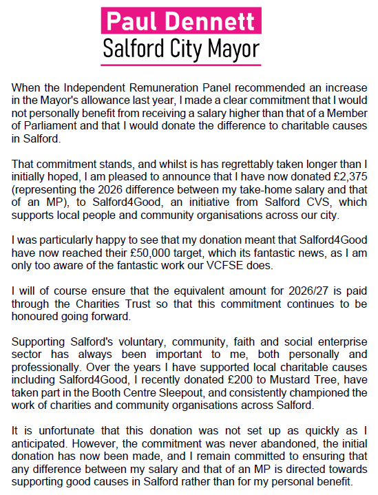 salford_mayor's tweet photo. I'm delighted to be supporting Salford CVS with a donation from my allowance increase - see my full statement below👇 https://t.co/MGX9tzHE85