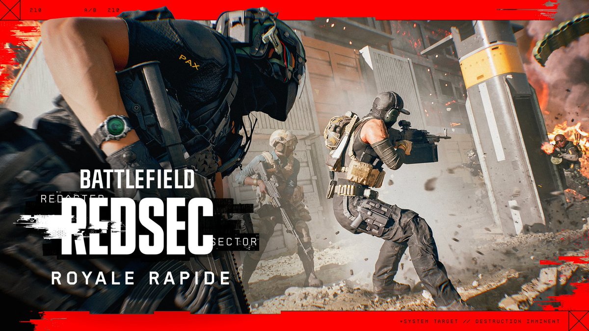 Promotional artwork for the video game 'Battlefield REDSEC Royale Rapide' showing soldiers in combat.
