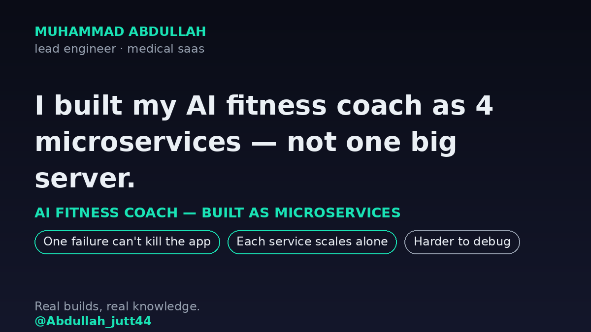 Abdullah_jutt44's tweet photo. As a lead engineer at a medical SaaS, I build for failure. My AI fitness coach runs as 4 microservices, not one big server — if the AI service crashes, tracking still works.

I'd rather debug one small failure than one big outage.

Hire the demo, or the system? https://t.co/9XUQgLU85D