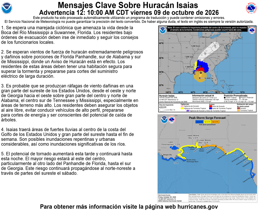 NHC_Atlantic's tweet photo. 10 AM CDT Fri Oct 9 (Advisory 12) Key Messages for Hurricane #Isaias. Latest info: https://t.co/GrztW6mQJV

10 AM CDT viernes 9 de octubre (Aviso 12) Mensajes clave sobre el huracán #Isaias. Más información: https://t.co/GrztW6mQJV https://t.co/PafA4oFvos