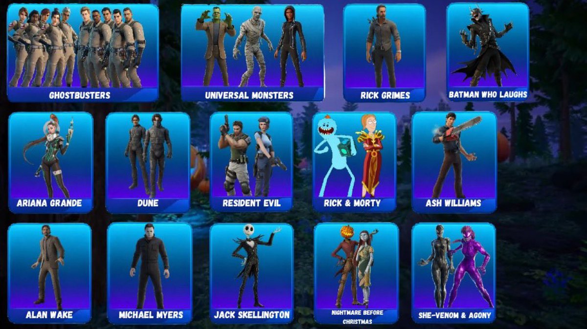 FortniteNews178's tweet photo. Out of every previous Fortnitemares Collab, only a few have yet to return. Who do you hope will return before the end of Fortnitemares 2026?

- Ghostbusters | 1772 Days Ago
- Spacefarer Ariana Grande | 108 Days Ago
- Dune | 245 Days Ago
- Mr Meeseeks & Queen Summers | 207 Days Ago
- Alan Wake | 714 Days Ago
- Michael Myers | 601 Days Ago
- She-Venom & Agony | 558 Days Ago
- Leatherface | 366 Days Ago
- Billy | 242 Days Ago
- Mephisto | 351 Days Ago
- Edward Scissorhands | 170 Days Ago
- Doja Cat | 281 Days Ago
- The Grabber | 112 Days Ago
- Jason Voorhees | 115 Days Ago
- Art the Clown | 115 Days Ago
- Huggy Wuggy | 112 Days Ago
- Wednesday Addams | 239 Days Ago