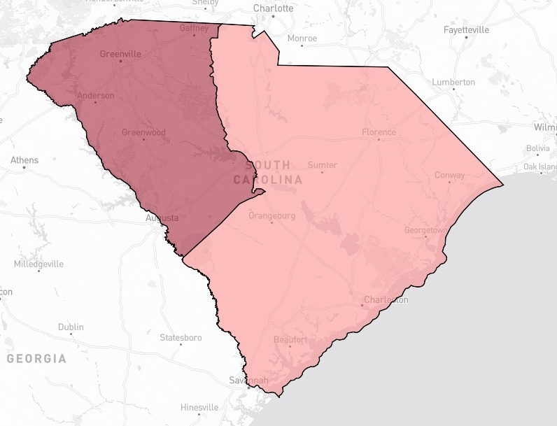 decunningham2's tweet photo. South Carolina has one of the starker divides of any state out there. 

Western/Upstate SC has around ~2 million people and voted for Trump by 34 points.

The rest has ~3 million people and voted for him by 7.4% and - 0.5% in 2020. https://t.co/pscfIlmQPq