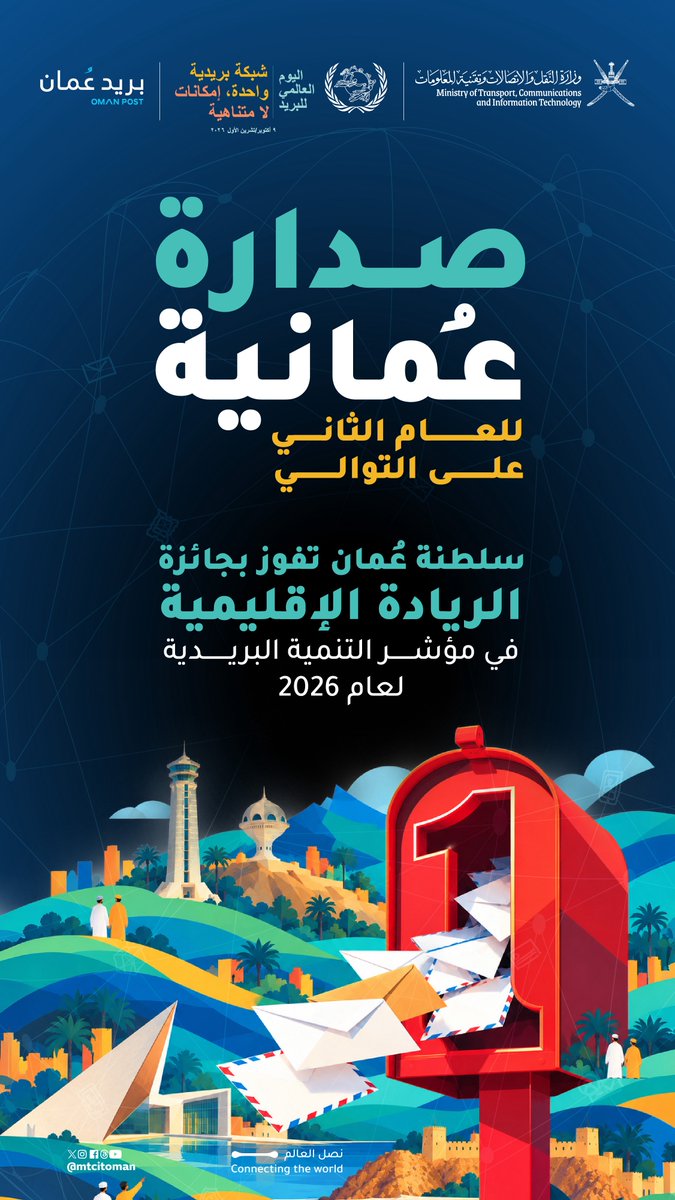 mtcitoman's tweet photo. نحتفي اليوم 9 أكتوبر بـ #اليوم_العالمي_للبريد 📮
 شبكة بريدية واحدة .. وإمكانيات لا متناهية 🌏✉️
#نصل_العالم

Today, October 9, we celebrate #WorldPostDay 📮

One postal network… limitless possibilities 🌍✉️
#ConnectingTheWorld https://t.co/OqR8tJ4R0i