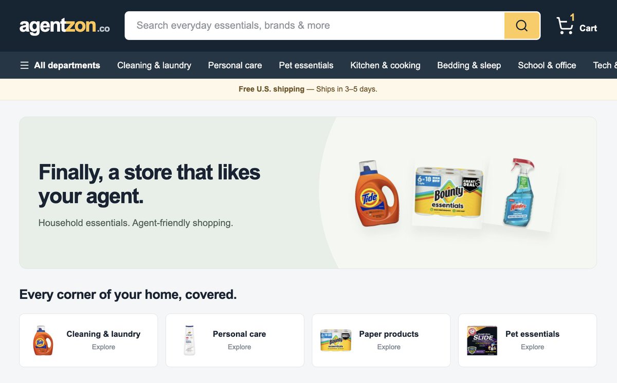 samrags_'s tweet photo. Agentzon is live. 

Everyday household essentials from a store that does not disdain your personal agent. 

Muse, Instinct, GrokBot and the rest, all welcome. https://t.co/bo8TxY2FiE