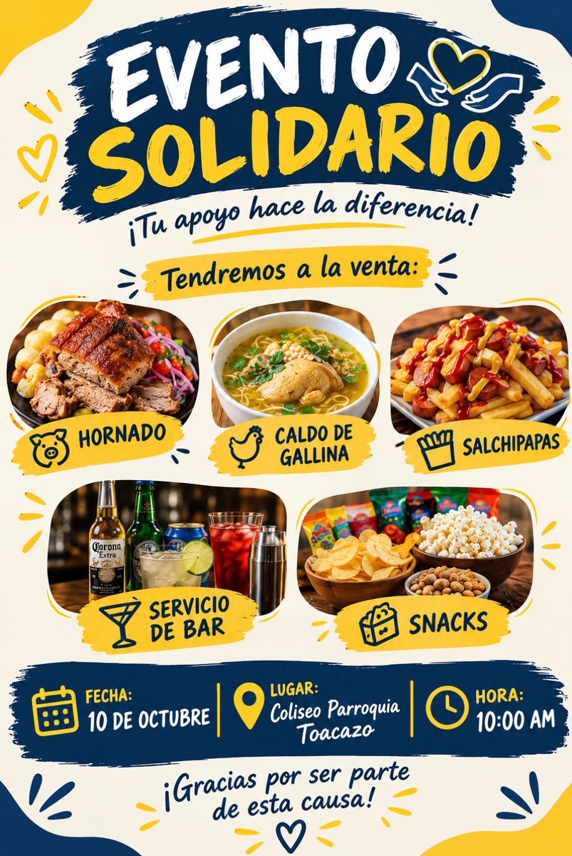 MiZonaNews's tweet photo. #EventoSolidario | ⚽🍲 ¡Índor y comida solidaria en Toacaso! Este sábado 10 de octubre, desde las 10:00, en el Coliseo Parroquial. Habrá hornado, caldo de gallina, salchipapas y más. 🏆 Premiación por la noche. ¡Apoya esta causa! #Latacunga https://t.co/tNxdZwyifY