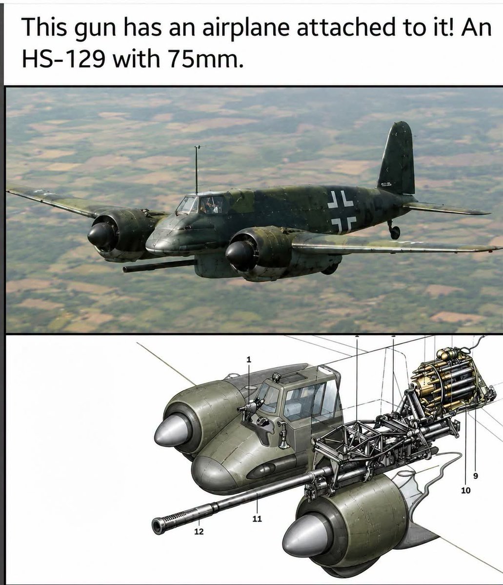 TRUFAULT's tweet photo. El Henschel #Hs129, apodado la "Lata Voladora' o #Panzerknacker* (Destructor de Tanques), fue el avión de ataque a tierra de referencia de la #Luftwaffe durante la Segunda Guerra Mundial, diseñado específicamente para combatir los blindados aliados, especialmente los #soviéticos. https://t.co/GYQKsZ61JG
