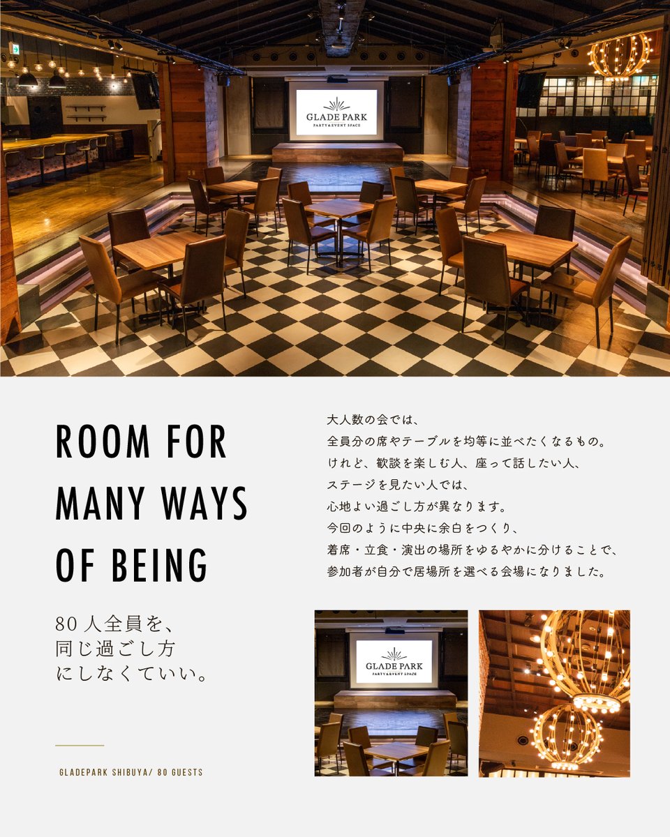 _timesharing's tweet photo. 【利用事例｜約80名での壮行会】

グレイドパーク渋谷を、約80名様の壮行会にご利用いただきました。

中央に人が自由に行き来できる空間を残し、
歓談・食事・映像上映を組み合わせたレイアウトに。

プティビュッフェ7品、
プロジェクター・スクリーン、
無線マイクもご利用いただいています。

当日の様子はこちら
https://t.co/kf3k98ywoT

#グレイドパーク渋谷 #イベント会場 #利用事例