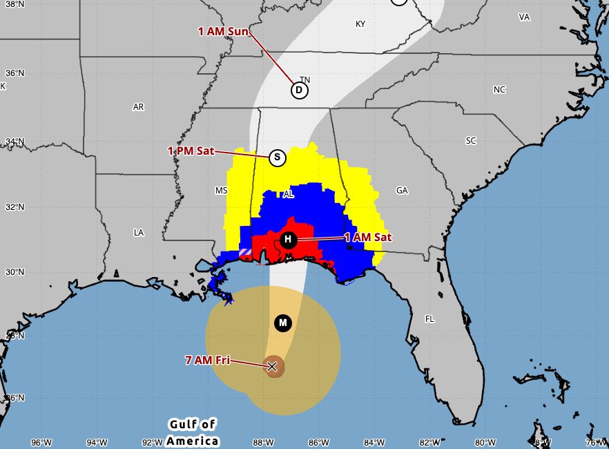 NWS's tweet photo. 10/09/2026 Update: The center of Major Category 3 Hurricane Isaias is expected to reach the western Florida Panhandle Coast this evening, however conditions along the Gulf Coast will deteriorate throughout the day TODAY. Isaias is expected to be at or near major hurricane strength when it makes landfall this evening. 

Extremely dangerous and damaging hurricane force-winds are expected over portions of the Florida Panhandle, southern Alabama, and southern Mississippi where a Hurricane Warning (red shaded area on the map) is in effect. Residents in these areas should have a safe room to ride out the storm and prepare for long-duration power outages.

Hourly updates will begin being issued at 11am CT, stay up to date with the latest at https://t.co/e2Vkdav5Wu and https://t.co/qk3BcVP5M8.