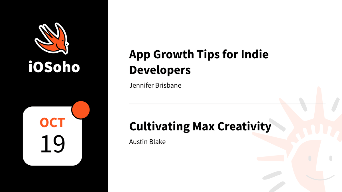 iOSoho's tweet photo. 📣 NYC iOS engineers — join the next iOSoho Meetup!
📅 October 19 in Midtown Manhattan.
🧑‍💻 This meetup is a part of the New York App Week and supported by @RevenueCat.
🎤 Talks by Jennifer Brisbane and @austnstuff 
📍 More details and RSVP here: https://t.co/pzs8W5C4a8 https://t.co/TsOD0hrAbL