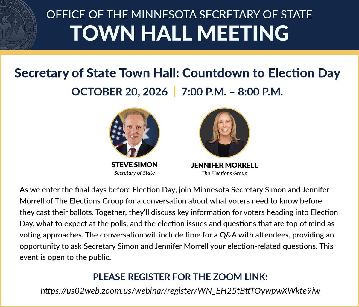 MNSecofState's tweet photo. #TrustedInfo2026 on General Elections!
Join Secretary Simon &amp; Jennifer Morrell for a virtual town hall meeting next Tuesday, Oct. 20 at 7 PM. Together they will discuss what to expect for voters heading into Election Day.

Register for the zoom link at: https://t.co/BijGmiULiC https://t.co/bSbObyb7PF