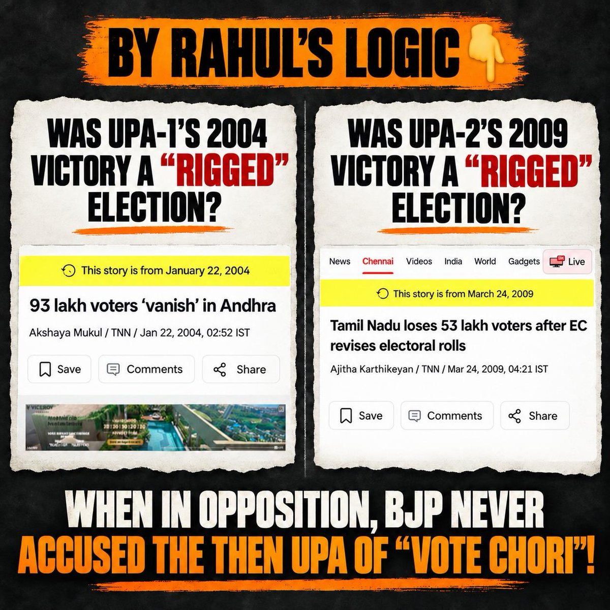 BJP4India's tweet photo. 𝐑𝐚𝐡𝐮𝐥 𝐆𝐚𝐧𝐝𝐡𝐢’𝐬 𝐝𝐮𝐛𝐢𝐨𝐮𝐬 𝐦𝐢𝐧𝐝𝐬𝐞𝐭:
𝐑𝐮𝐥𝐞𝐬 𝐟𝐨𝐫 𝐭𝐡𝐞𝐞, 𝐛𝐮𝐭 𝐍𝐎𝐓 𝐅𝐎𝐑 𝐌𝐄.

• In 2004, 93 lakh voters disappeared from Andhra Pradesh’s rolls.
• In 2009, Tamil Nadu reportedly saw 53 lakh voters removed after roll revisions.

Yet, BJP never accused the UPA government of “vote chori”.

𝐔𝐧𝐚𝐛𝐥𝐞 𝐭𝐨 𝐚𝐜𝐜𝐞𝐩𝐭 𝐝𝐞𝐟𝐞𝐚𝐭, 𝐑𝐚𝐆𝐚’𝐬 𝐝𝐲𝐧𝐚𝐬𝐭𝐢𝐜 𝐦𝐢𝐧𝐝𝐬𝐞𝐭 𝐫𝐞𝐟𝐮𝐬𝐞𝐬 𝐭𝐨 𝐚𝐜𝐜𝐞𝐩𝐭 𝐭𝐡𝐚𝐭 𝐢𝐧 𝐍𝐞𝐰 𝐈𝐧𝐝𝐢𝐚, 𝐩𝐞𝐨𝐩𝐥𝐞 𝐜𝐡𝐨𝐨𝐬𝐞 𝐭𝐡𝐞𝐢𝐫 𝐥𝐞𝐚𝐝𝐞𝐫𝐬, 𝐧𝐨𝐭 𝐩𝐨𝐥𝐢𝐭𝐢𝐜𝐚𝐥 𝐟𝐚𝐦𝐢𝐥𝐢𝐞𝐬. 𝐂𝐨𝐧𝐠𝐫𝐞𝐬𝐬 𝐦𝐮𝐬𝐭 𝐬𝐭𝐨𝐩 𝐬𝐩𝐫𝐞𝐚𝐝𝐢𝐧𝐠 𝐟𝐚𝐥𝐬𝐞 𝐧𝐚𝐫𝐫𝐚𝐭𝐢𝐯𝐞𝐬 𝐚𝐧𝐝 𝐫𝐞𝐬𝐩𝐞𝐜𝐭 𝐜𝐨𝐧𝐬𝐭𝐢𝐭𝐮𝐭𝐢𝐨𝐧𝐚𝐥 𝐩𝐫𝐨𝐜𝐞𝐬𝐬𝐞𝐬.