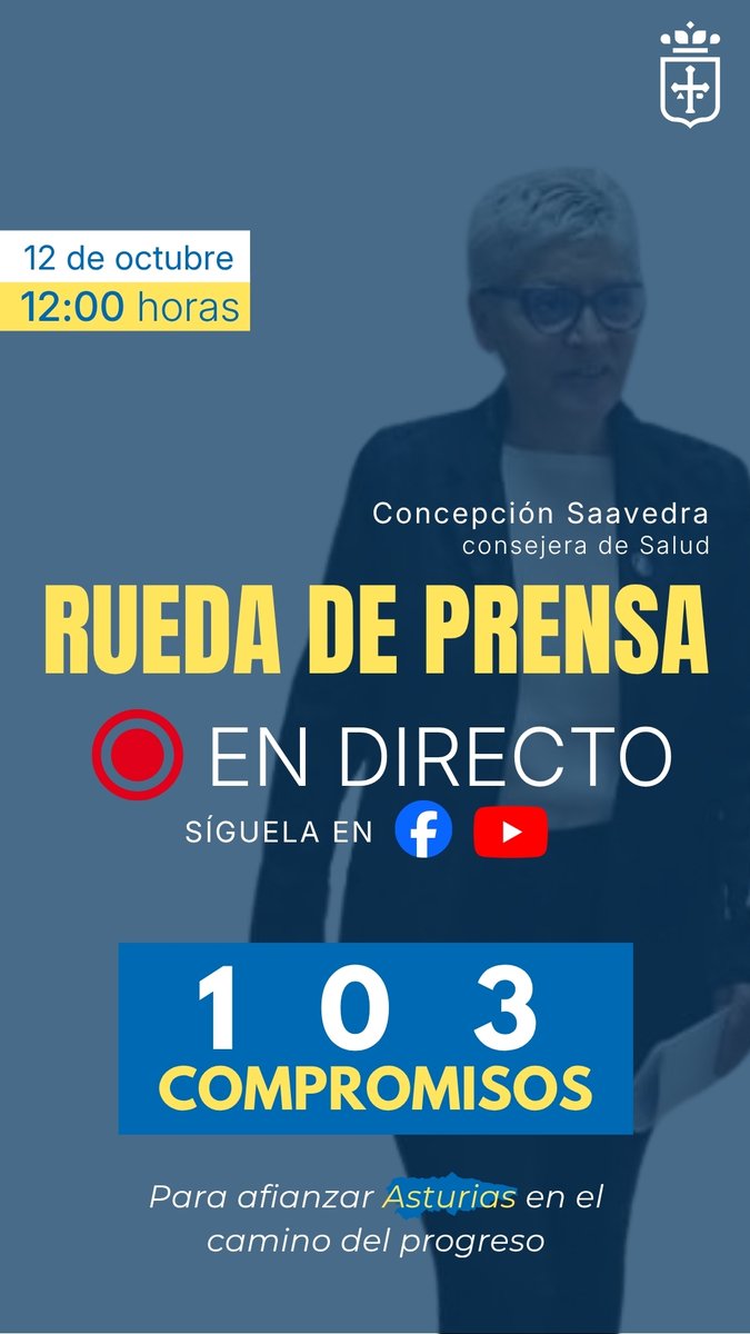 GobAsturias's tweet photo. 📌Compromisos #DOP de @astursalud
🎥Rueda prensa de la consejera Concepción Saavedra.
📅 Lunes, 12
🕛12:00 horas
📱💻Síguela en directo 👇 https://t.co/wiIOGnUG9m