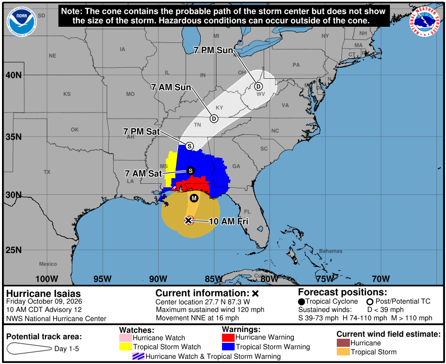 LaStateClimate's tweet photo. Isaias is now a major hurricane with estimated max sustained winds of 120 mph.  It is experiencing shear, but the shear is aligned with its motion which is limiting its negative effect.  Isaias is expected to be at or near major hurricane strength at landfall in FL this evening. https://t.co/RnqyINzNEt