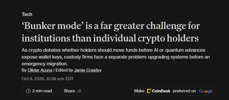 QuantusNetwork's tweet photo. Institutions cannot go into “bunker mode” overnight.

@CoinDesk on how Quantus and @projecteleven are working to bring post-quantum custody to institutions. https://t.co/F0ZbZMQUKf