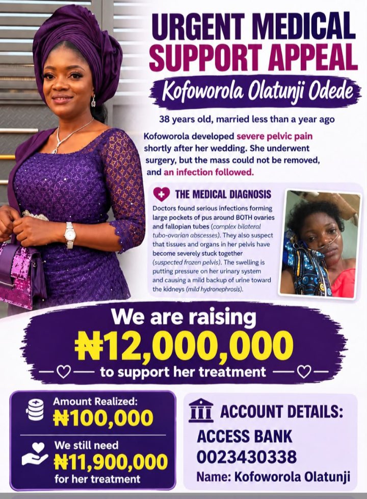 oku_yungx's tweet photo. 🚨 PLEASE, LET’S HELP SAVE A LIFE! ❤️🙏

Kofoworola Olatunji Odede, 38, is battling a serious medical condition and urgently needs financial support for treatment.

🎯 Target: ₦12M
✅ Raised: ₦100K
❗ Balance: ₦11.9M

🏦 Access Bank: 0023430338
Name: Kofoworola Olatunji

Please donate what you can and RETWEET. Your little contribution or repost could make a huge difference. Let’s give Kofoworola hope. ❤️🙏