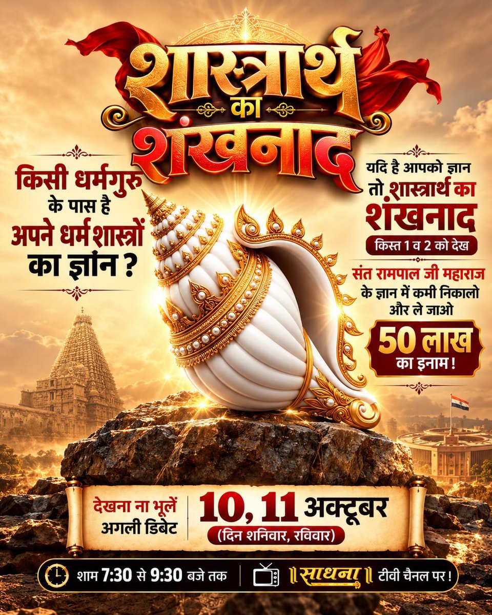 mdjha1256's tweet photo. #Spiritual_Debate

SantRampalJiVsAllGuru
शास्त्रार्थ का शंखनाद | किस्त 1 व 2 को देख संत रामपाल जी महाराज के ज्ञान में कमी निकालने वाले को मिलेगा 50 लाख का इनाम! देखना ना भूलें अगली डिबेट 10, 11 अक्टूबर (दिन शनिवार, रविवार) को शाम 7:30 से 9:30 बजे तक साधना टीवी चैनल पर। https://t.co/B5syQUausF