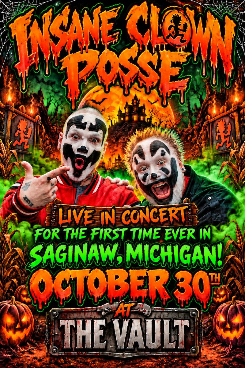 icp's tweet photo. THE ICP SHOW IN SAGINAW, MICHIGAN IS SOLD THE F#*K OUT! IF YOU DIDN’T COP A TICKET, THEN YO A$$ GOT THE BONE!!! 💀

BUT THE WICKED CLOWNZ JUST THREW YOU A LIFELINE! A SECOND ICP SHOW HAS BEEN ADDED FOR OCTOBER 30TH AT THE VAULT IN SAGINAW, MICHIGAN!

YOU MISSED YOUR SHOT THE FIRST TIME, SO DON’T FXCK UP THIS ONE! KEEP YOUR EYEZ PEELED TO OUR SOCIAL MEDIA TODAY FOR WHEN WE DROP THE TICKET INFO!

GET READY TO COP THEM TICKETS, NINJAS!

COME GET LIVE WITH US OCTOBER 29TH & 30TH, LEADING RIGHT INTO THE 33RD ANNUAL HALLOWICKED CLOWN SHOW ON OCTOBER 31ST!

WHOOP WHOOP! 🎃