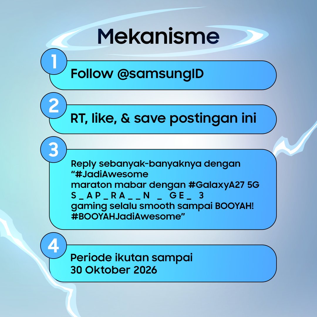 samsungID's tweet photo. Mau menangin 1 unit Limited Gaming Package Free Fire Galaxy A27 5G? 👀🎁 

#JadiAwesome maraton mabar dengan #GalaxyA27 5G 0% bunga & uang muka. Buruan drop jawabanmu & ikuti cara berikut!👇 

Mekanisme 

✨Follow @samsungID
🔄RT, like, & save postingan ini
💬Reply sebanyak-banyaknya sesuai formatnya
🗓️Periode 30 Oktober 2026