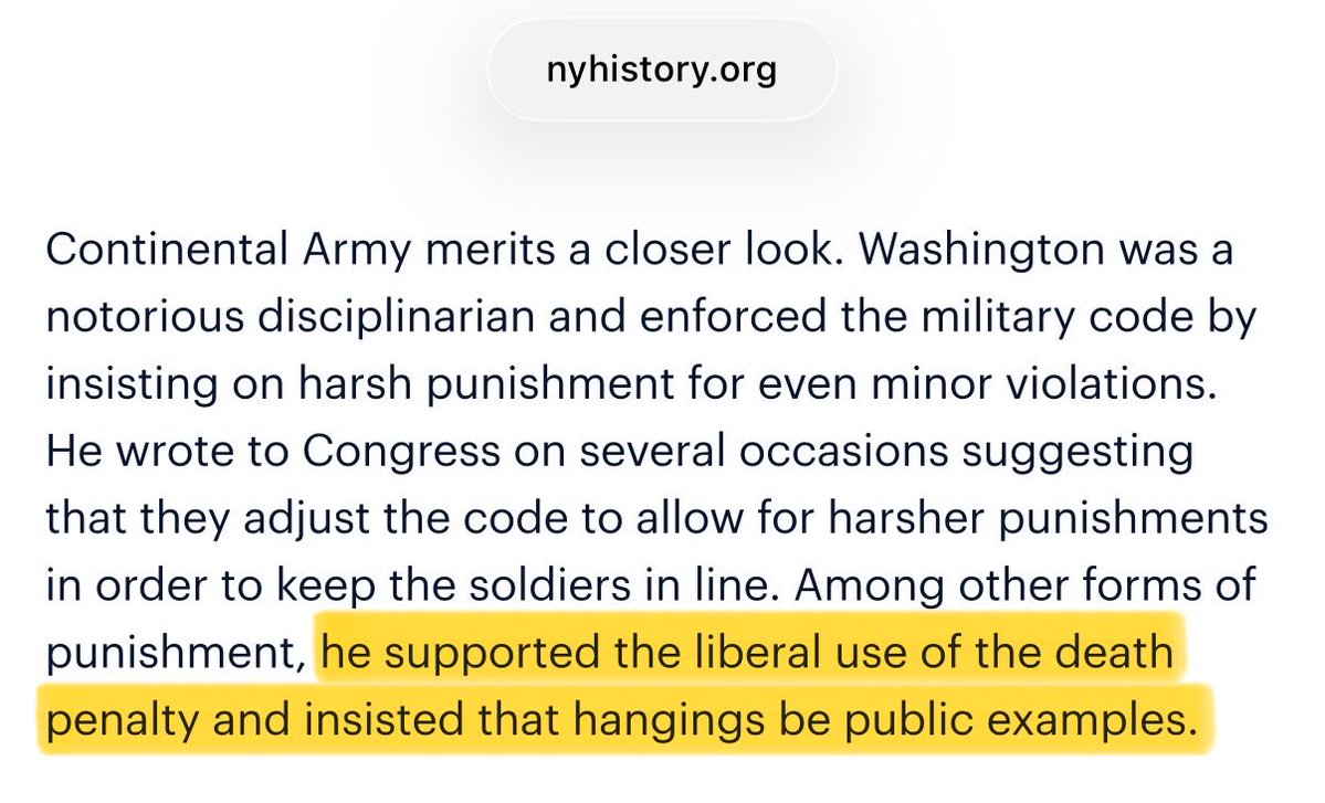 Geiger_Capital's tweet photo. George Washington supported public executions, specifically for military members…

He insisted they be done in the "most public manner possible", as justice and to act as a deterrent. The men who built England and America used to hang people for horse theft. https://t.co/ngExJWUR8q