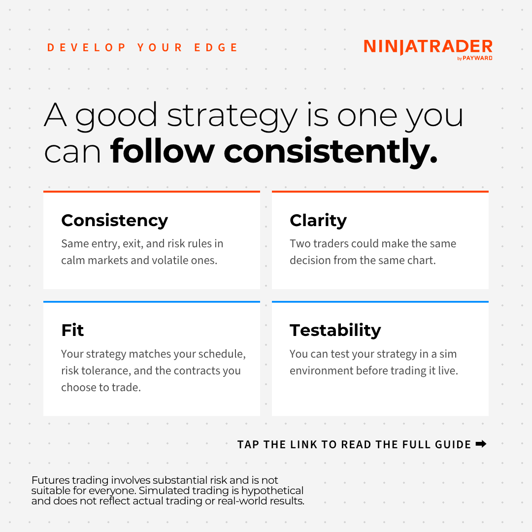 NinjaTrader's tweet photo. A strategy isn't good because it looks impressive on paper. It's good if you can follow its rules consistently. Before you commit to an approach, check it against all four. The full breakdown is in our beginner's guide: https://t.co/r3ejsdTwzv https://t.co/IwX2GtYAtz