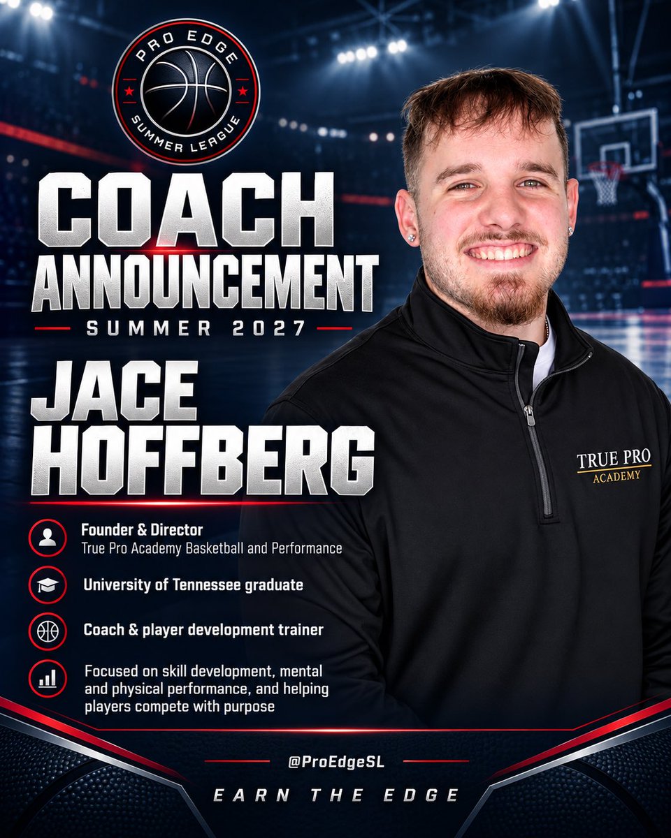 ProEdgeSL's tweet photo. COACH ANNOUNCEMENT | SUMMER 2027

Welcome Jace Hoffberg as a coach for ProEdge Summer League!

The UT graduate &amp; Founder/Director of True Pro Academy Basketball and Performance focuses on skill development, mental &amp; physical performance, and competing with purpose.

@ProEdgeSL https://t.co/JQocsbh9fa