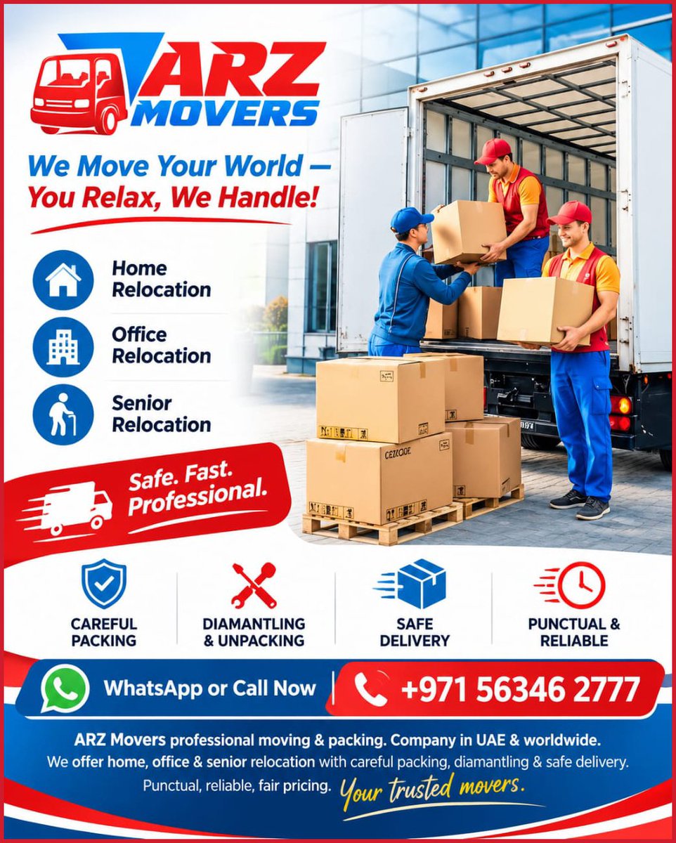 ArzMovers's tweet photo. 🏠 We Move Your World — You Relax, We Handle!
Your belongings deserve care, protection and professional handling. ARZ Movers provides complete moving solutions for homes, villas and offices across Dubai. 🚛📦
Make your next move simple and stress-free.
📞 Call Now: 056 346 2777 https://t.co/cefJJtHePl