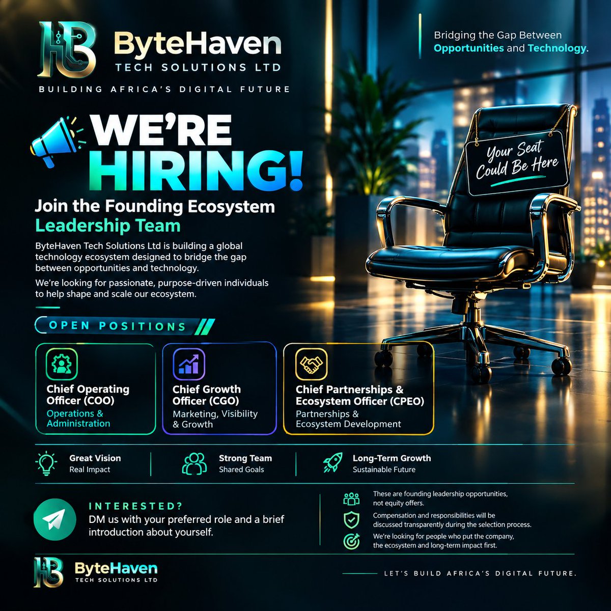 ODavidCaleb's tweet photo. 🚀 ByteHaven Tech Solutions Ltd is opening its founding ecosystem leadership team to interested individuals!

We're seeking people for:

🔹 COO — Operations
🔹 CGO — Growth &amp; Marketing
🔹 CPEO — Partnerships &amp; Ecosystem

Interested in helping build Africa's digital future?

DM us https://t.co/eGsDXMdvcK