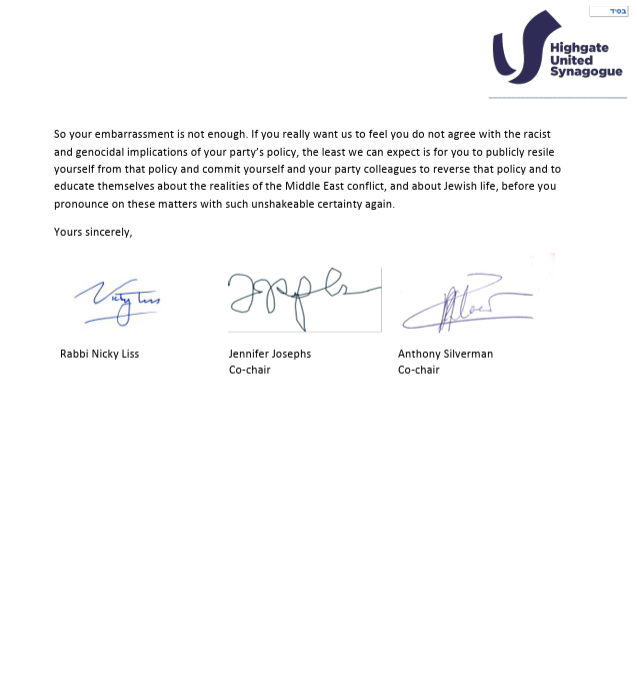 Daniel_Sugarman's tweet photo. After the Green Party's "Zionism is Racism" vote, the Leader of Haringey Council, which is controlled by the Greens, wrote to various Synagogues in the borough to "reassure" them.

I want to show you Highgate Synagogue's reply. I believe it is worth reading in its entirety. https://t.co/SP6CMOG76e