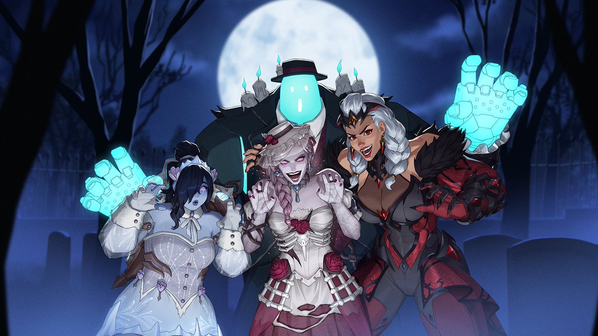 PlayOverwatch's tweet photo. Mei = 🥶
Ashe = 😈
Junker Queen = 👹
B.O.B. = 😮

Check out the artwork for Mystery Madness: Graveyard Games before diving into the new mode today 👻 https://t.co/9ZCgQ1744l