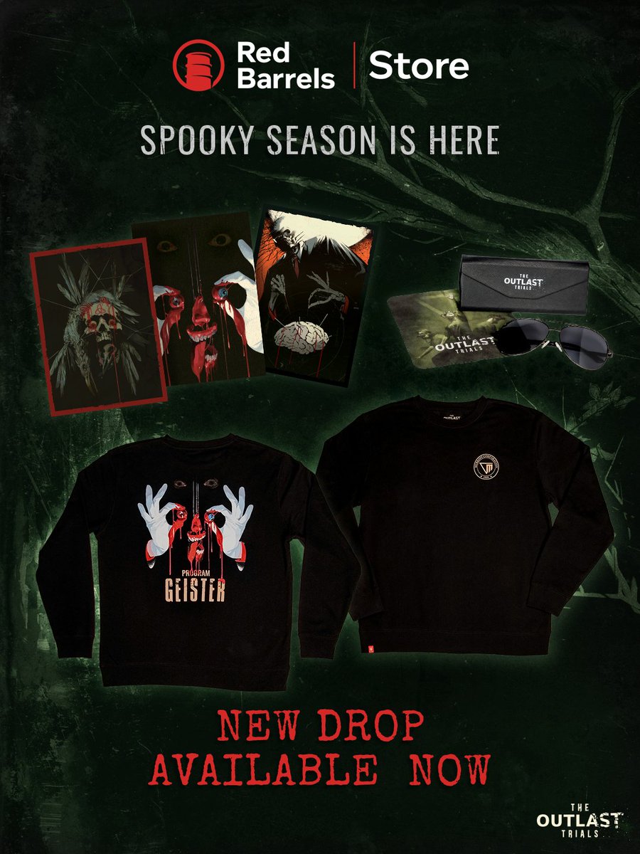 TheRedBarrels's tweet photo. With Geister just around the corner, the Red Barrels Store has gotten a few new items to celebrate! 🎃 Grab our Geister post card trio, Geister Crewneck, and Coyle's signature sunglasses if you're feeling hip and cool! 😎

🛍️ https://t.co/c1xPdzMipw
__________

Avec Geister qui approche, la boutique Red Barrels vient de recevoir quelques nouveaux articles pour l'occasion! 🎃 Procurez-vous notre trio de cartes postales Geister, un pull à col rond, et les lunettes de soleil de Coyle, si vous vous sentez branché et cool! 😎

🛍️ https://t.co/EntenjGaT5

#TheOutlastTrials #RedBarrels #Outlast #horrorgames #jeuxdhorreur #Coyle