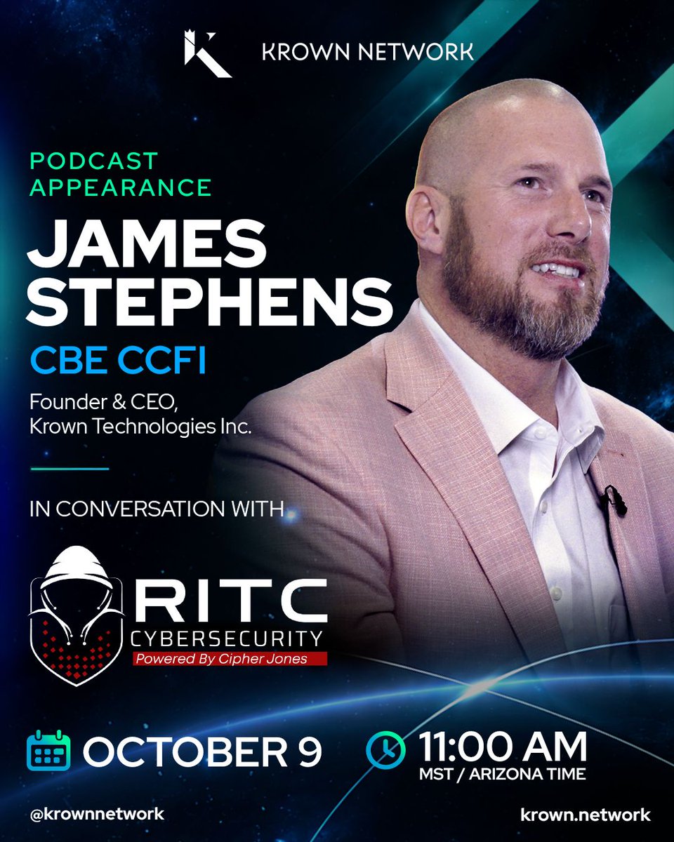 KrownNetwork's tweet photo. Krown’s work in blockchain infrastructure and digital-asset access now heads into a cybersecurity podcast setting. 🔐

James Stephens CBE CCFI joins @RITCsecurity to discuss digital infrastructure and quantum security.
#Cybersecurity #Blockchain

Read the blog:
https://t.co/SfKYwYq7ij
Podcast:
https://t.co/tQPoXP4aPg