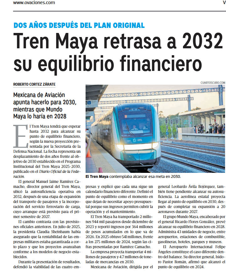 Juan_OrtizMX's tweet photo. 🚆📌 TREN MAYA RETRASA HASTA 2032 LA FECHA PARA "SER RENTABLE"

El Tren Maya necesitará dos años adicionales para alcanzar su equilibrio financiero.

Su programa institucional fijaba la meta en 2030.

Ahora el general Manuel Jaime Ramírez, director del Tren Maya, proyecta llegar hasta 2032. 

¿Eso qué significa?

Que hasta entonces sus propios ingresos alcanzarían para cubrir operación y mantenimiento sin requerir apoyo adicional del presupuesto federal.

Aunque ese cálculo no incluye recuperar todo lo gastado en construir el Tren Maya. 

Estas son las otras fechas para las empresas administradas por militares:

• Grupo Mundo Maya: entre 2027 y 2028.
• Mexicana de Aviación: 2030.
• Tren Maya: 2032.
• AIFA: asegura haber alcanzado el equilibrio desde 2024.

@ovaciones