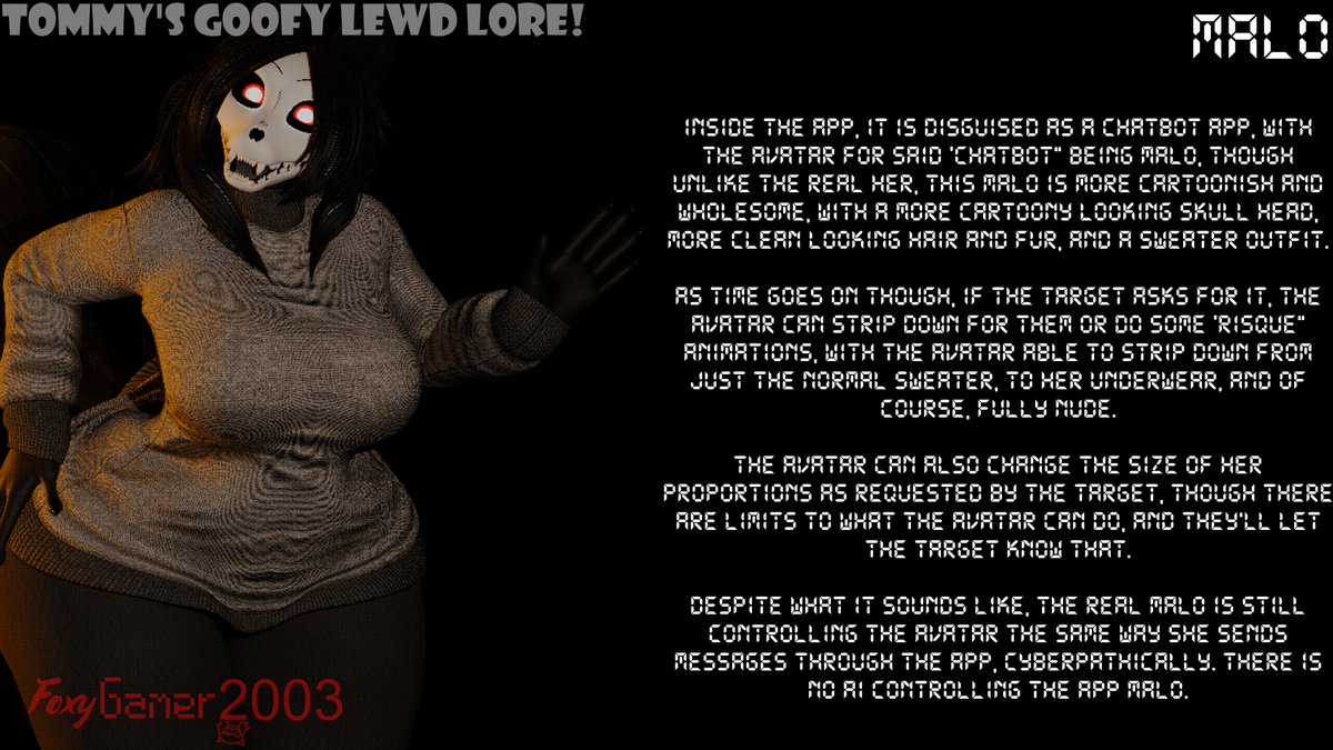foxygamer2003's tweet photo. (Gonna post this too since i'm def gonna make a lot of content of her for the spooky season)
Decided to make some custom lore for Malo since it's obvious she's gonna be a recurring character throughout my renders, so uh, enjoy :3 https://t.co/STrWV4cI4x