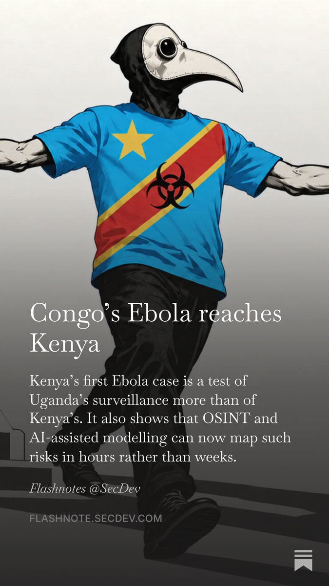 SecDev's tweet photo. Kenya has its first Ebola case. It is probably not Kenya that should worry most. Across 40,500 simulated epidemics, Kenya’s risk of ten or more further cases is 5%. Uganda’s is 27%, or 72% if its response falters. Second in our series on outbreak risk. https://t.co/0rdZHp0ofo https://t.co/T7a4MGmeJG