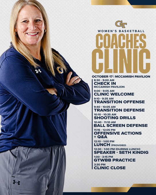 GT Women's Basketball Coaches Clinic schedule for October 17 at McCamish Pavilion, featuring a photo of a smiling woman in a navy GT jacket, with speaker Seth Kindig.