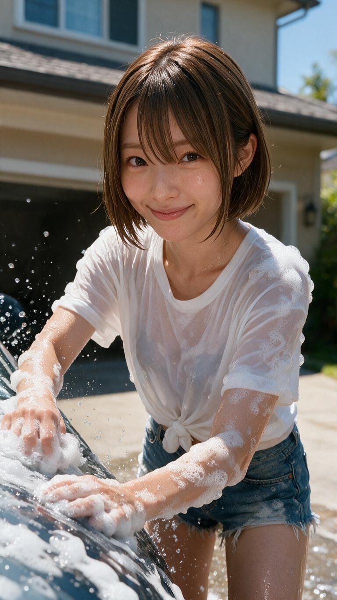 seone_mai's tweet photo. せっかくのいいお天気だから、今日は一緒に洗車しよっ！☀️
……って、もう！ 水かけないでよー！😆💦

#瀬音まい #AI美女 #AI画像 #洗車 https://t.co/dVm694RqYO