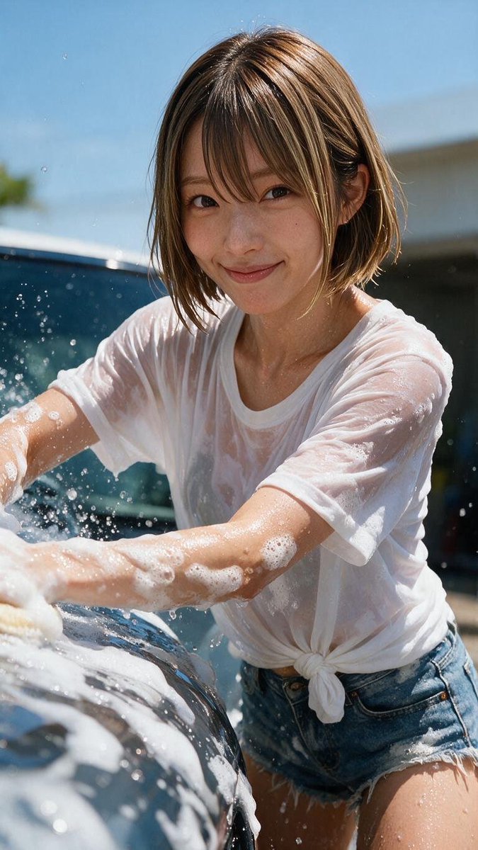seone_mai's tweet photo. せっかくのいいお天気だから、今日は一緒に洗車しよっ！☀️
……って、もう！ 水かけないでよー！😆💦

#瀬音まい #AI美女 #AI画像 #洗車 https://t.co/dVm694RqYO