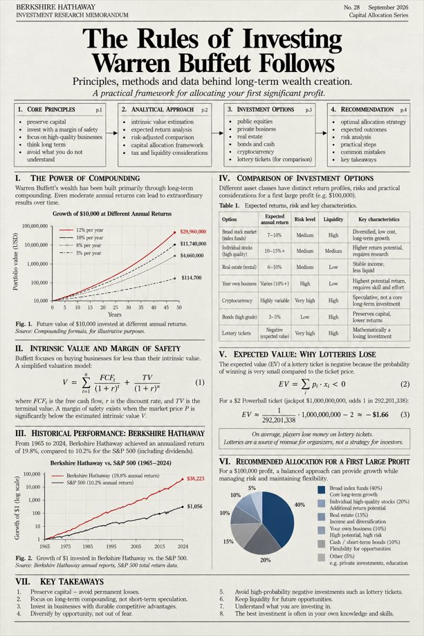0xLupenn's tweet photo. Warren Buffett turned $10,000 into $29,960,000 over 50 years without ever touching cryptocurrency, without ever buying a lottery ticket and without ever making a trade he didn't understand. Berkshire Hathaway Research Memorandum No. 28 is the internal document that breaks down exactly how he did it - and why 95% of investors will never replicate it.

From 1965 to 2024 Berkshire Hathaway achieved 19.8% annualized return. The S&P 500 returned 10.2%. That gap compounded over 59 years turned $1 into $38,223 inside Berkshire and $1,056 in the index. Same starting point. One decision separated them by $37,167.

Here's what the document shows -

Buffett operates on five rules that never changed in 60 years. Preserve capital first - a permanent loss cannot compound. Invest with a margin of safety and buy businesses worth $1 for $0.60. Focus only on what you understand and walk away from everything else. Think in decades, not quarters.

The valuation model behind every Berkshire position is one equation. V = sum of FCF / (1+r) + terminal value. Free cash flow discounted to present value. If the market price is significantly below V there is a margin of safety. If not, Buffett walks away. He has walked away more times than he has bought.

Now watch the compounding curve [Fig. 1] -

$10,000 invested for 50 years. At 5% it becomes $114,700. At 8% it reaches $4,660,000. At 10% it climbs to $11,740,000. At 12% it becomes $29,960,000.

The difference between 5% and 12% is not 7%. Over 50 years it is $29,845,300. That is what compounding does to a small number in a long time.

The recommended allocation for a first $100,000 profit [Fig. 3] -

40% into broad index funds as the core long-term growth engine. 20% into individual high-quality stocks for additional return potential. 15% into real estate for income and diversification. 10% into your own business - highest potential, highest risk. 10% held in cash and short-term bonds for flexibility and future opportunities. 5% into education and private investments.

The document lists lottery tickets in the comparison table as a mathematically losing investment with negative expected value. Buffett has never bought one.

"The best investment is often in your own knowledge and skills."

Berkshire Hathaway wrote that in the conclusion. Buffett has been saying it since 1965.

Berkshire Hathaway Investment Research Memorandum No. 28, September 2026
Capital Allocation Series

save this