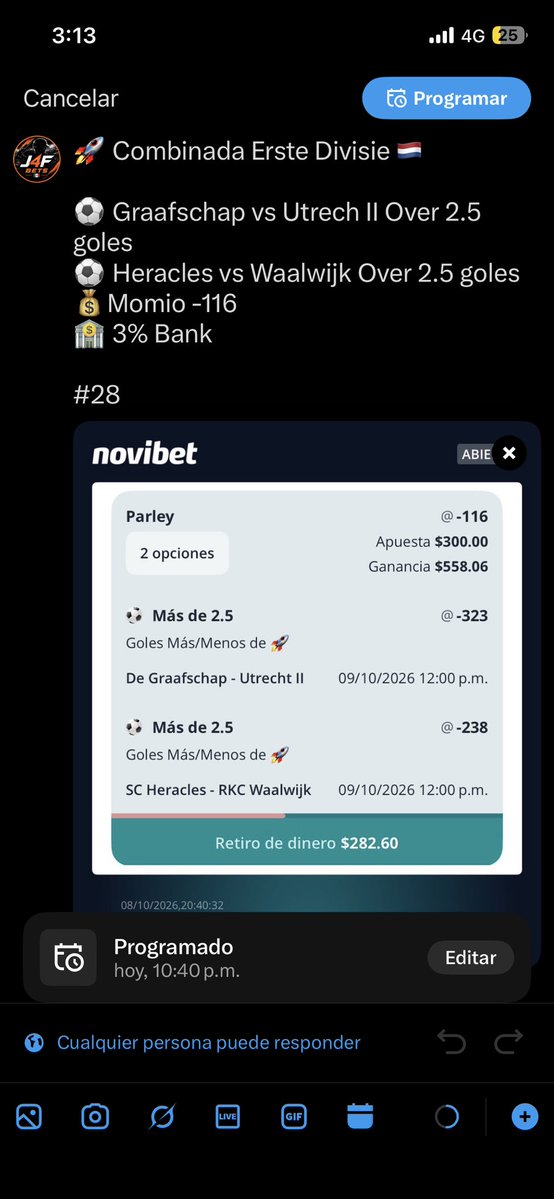 J4FBet's tweet photo. Estoy bien pendejo, me acabo de dar cuenta que una de las apuestas que iba a compartir la dejé programada pero se puso PM 🤦🏻‍♂️

La otra de Erste divisie se subió como se debía https://t.co/hZXm34LZ1K